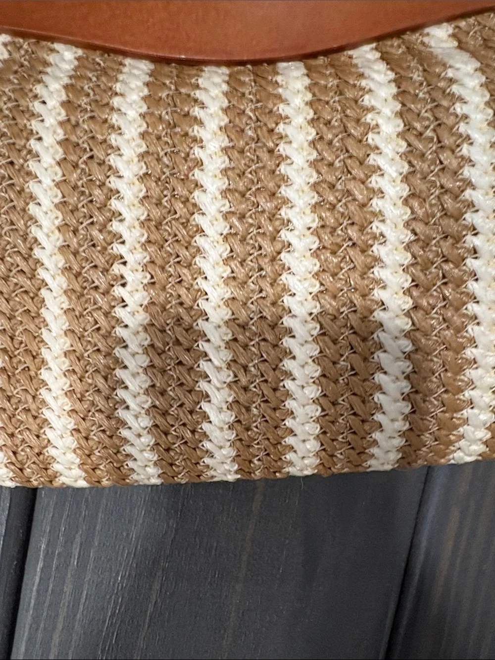 Striped Woven Straw Clutch with Tan Leather Trim
